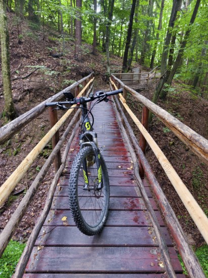 Mountain bike standing on a narrow wooden bridge in the forest Styria Austria