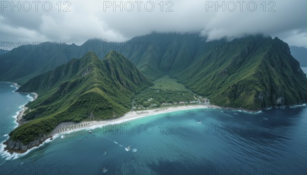 Aerial view of a tropical paradise, showcasing lush green mountains, a pristine beach, and turquoise waters under a cloudy sky, AI generated