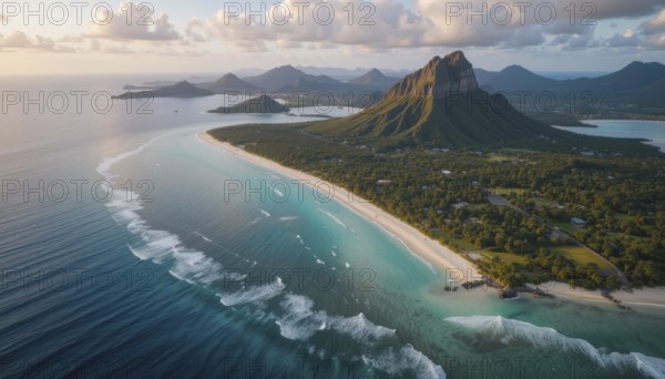 An aerial view showcases a breathtaking tropical landscape with a long sandy beach, turquoise waters, lush greenery, and impressive mountains, AI generated