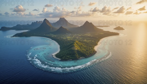 An aerial view captures a tropical island with lush green mountains, turquoise waters, and a stunning sunset, AI generated