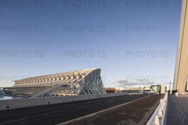 Modern white building under a blue sky in Valencia City of Arts and Sciences