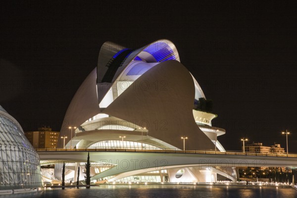 Valencia Spain Futuristic building at night with bright lighting in Valencia Opera House