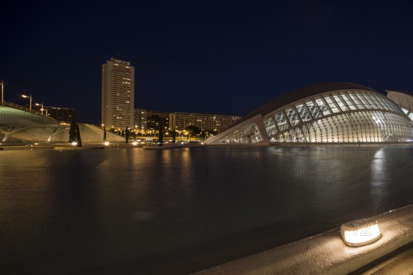 Valencia Spain Urban night landscape in València with reflective structures City of Arts and Sciences