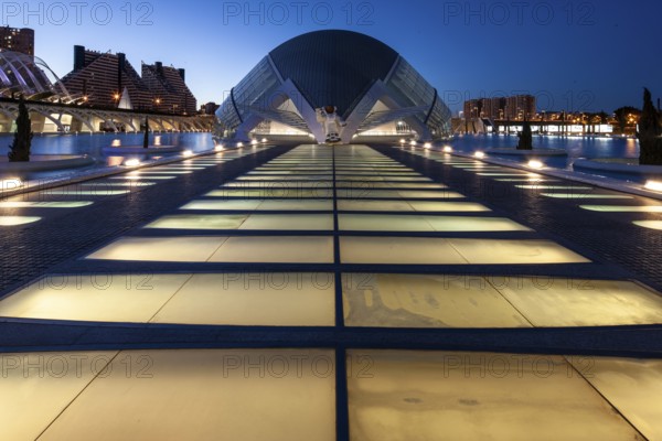 Valencia Spain Futuristic architecture at night, illuminated against the clear night sky City of Arts and Sciences