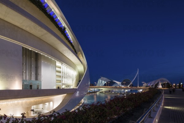 Valencia Spain Futuristic architectural structure illuminated at night with elegant arches Opera