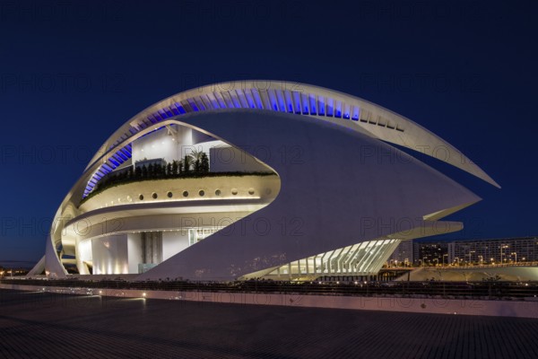 Valencia Spain Futuristically designed building with modern shapes illuminated at night nOpera