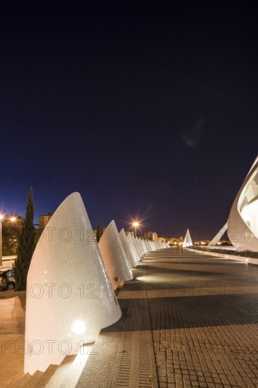 Valencia Spain Modern architectural structure at night with illuminated walkway City of Arts and Sciences