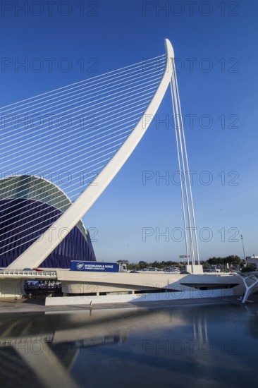 Futuristic bridge with an elegant design against a clear blue sky in Valencia