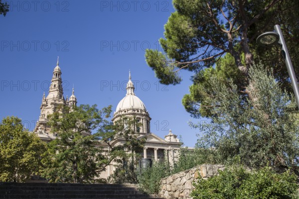 Historic building surrounded by trees and a bright blue sky