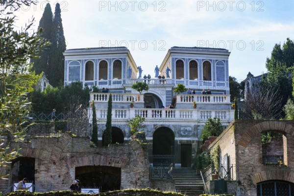View from Forum Romanum to building Uccellerie Farnesane at the edge of Roman Palatine Hill Palatine, Rome, Lazio, Italy