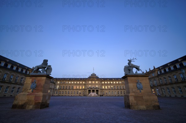 Heraldic animal lion and stag in front of the main wing and cour d'honneur Neues Schloss, Schlossplatz, evening light, Stuttgart, Baden-Württemberg, Germany