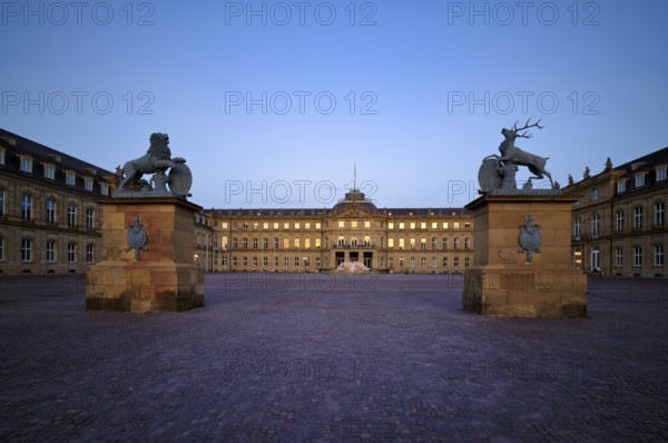 Heraldic animal lion and stag in front of the main wing and cour d'honneur Neues Schloss, Schlossplatz, evening light, Stuttgart, Baden-WÃ¼rttemberg, Germany