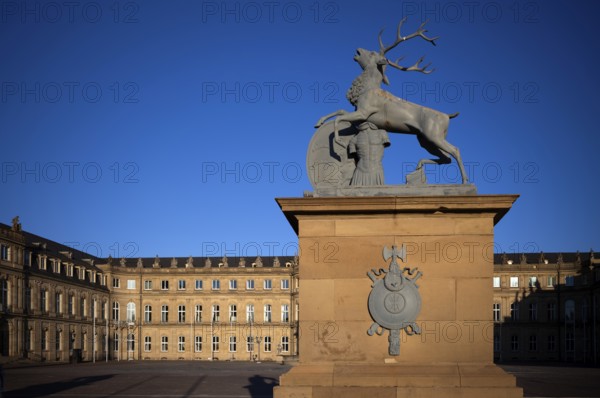 Heraldic animal stag in front of the main wing and cour d'honneur Neues Schloss, Schlossplatz, evening light, Stuttgart, Baden-WÃ¼rttemberg, Germany