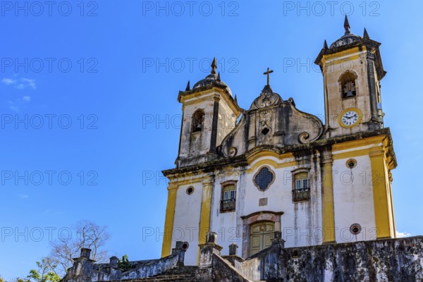 Baroque church seen from below in the historic city of Ouro Preto in Minas Gerais, Ouro Preto, Minas Gerais, Brazil