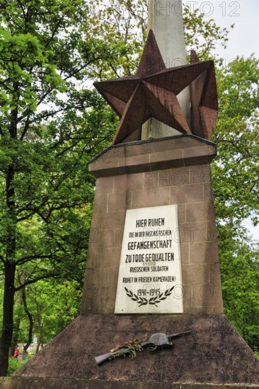 Obelisk with inscription, cemetery of honour of Soviet war dead, prisoner-of-war camp, World War II, Stalag 326 VI K Senne memorial, Schloss Holte-Stukenbrock, Senne nature reserve, North Rhine-Westphalia, Germany