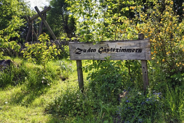 Wooden sign in the garden, summer, inscription, To the guest rooms, country inn, Rischenau, Lügde, Weserbergland, North Rhine-Westphalia, Germany