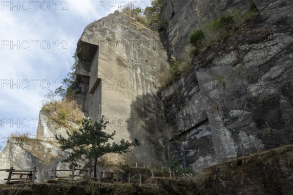 Tourist attraction, place of interest, historic Boshu quarry with inscription in the rock and rocky mountain landscape on the Shariki-michi Trail to Mount Nokogiri, Mount Nokogiri, Hamakanaya, Futtsu, Chiba Prefecture, Japan