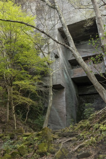 Tourist attraction, place of interest, historic Boshu quarry and rocky mountain landscape on the Shariki-michi Trail to Mount Nokogiri, Mount Nokogiri, Hamakanaya, Futtsu, Chiba Prefecture, Japan