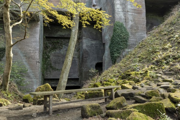 Tourist attraction, place of interest, bench in the historic Boshu quarry and rocky mountain landscape on the Shariki-michi Trail to Mount Nokogiri, Mount Nokogiri, Hamakanaya, Futtsu, Chiba Prefecture, Japan