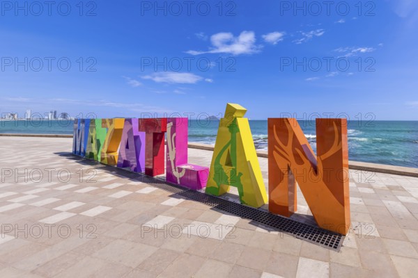 Mexico, Mazatlan Letters at entrance to Golden Zone Zona Dorada, touristic beach and resort zone