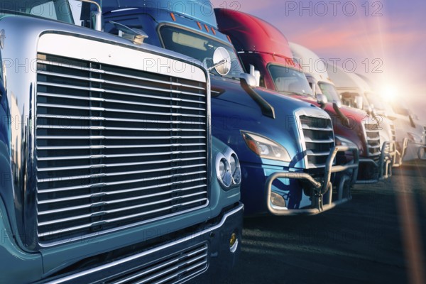 Long haul container trucks carrying commercial cargo on a parking lot ready for delivery