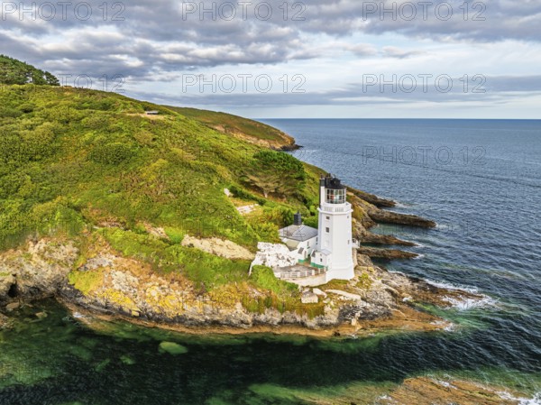 St Anthony Lighthouse from drone, Roseland peninsula, Head circular walk, Cornwall, UK