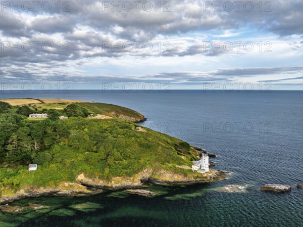 St Anthony Lighthouse from drone, Roseland peninsula, Head circular walk, Cornwall, UK