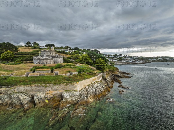 St Mawes Castle from a drone, Carrick Roads, River Fal, Falmouth, Cornwall, UK