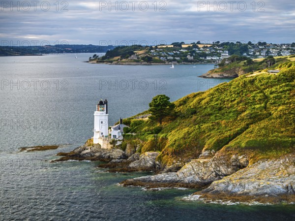 St Anthony Lighthouse from drone, Roseland peninsula, Head circular walk, Cornwall, UK