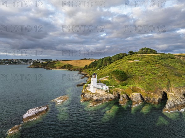 St Anthony Lighthouse from drone, Roseland peninsula, Head circular walk, Cornwall, UK