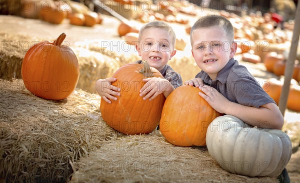 Two boys having fun at the pumpkin patch on a sunny fall day