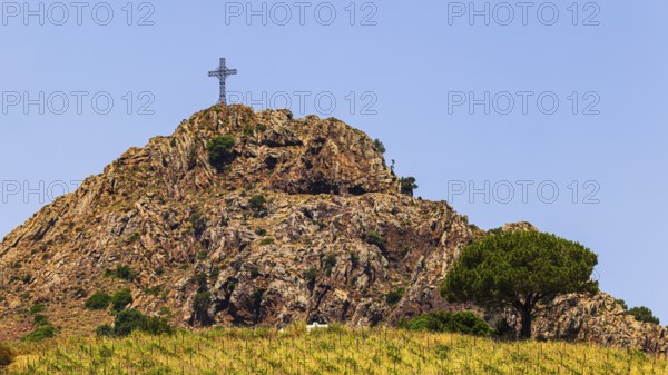 Giant steel cross on Monte Mar di Capanna, above Porto Azzurro, Elba Island, Tuscan Archipelago National Park, Tuscany, Italy