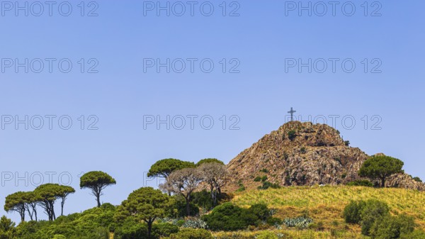 Giant steel cross on Monte Mar di Capanna, above Porto Azzurro, Elba Island, Tuscan Archipelago National Park, Tuscany, Italy