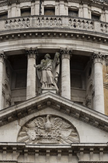St. Pauls cathedral close up of figures on the outside of the building, City of London, England, United Kingdom