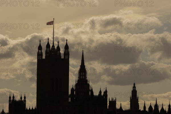 Big Ben or The Elizabeth Tower clock tower of the Palace of Westminster or Houses of Parliment silhouette at sunset, City of London, England, United Kingdom