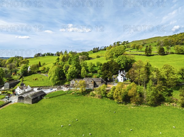 Farms and Fields from a drone, Townend house, Troutbeck, Windermere, Lake District, Cumbria, UK