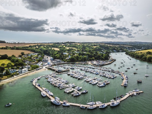 Mylor Churchtown Village from a drone, Carrick Roads, River Fal, Falmouth, Cornwall, UK