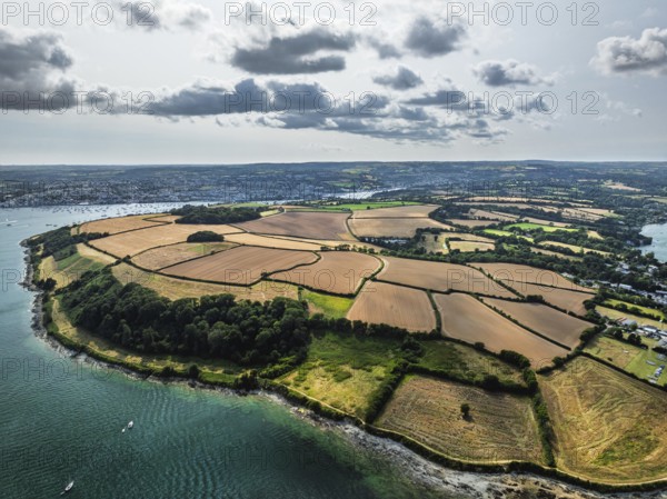 Mylor Churchtown Village from a drone, Carrick Roads, River Fal, Falmouth, Cornwall, UK
