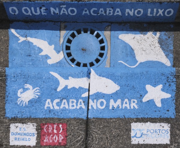 Small painting in the marina of Ponta Delgada (What doesn't end up in the rubbish ends up in the sea), Ponta Delgada, São Miguel, Azores, Portugal