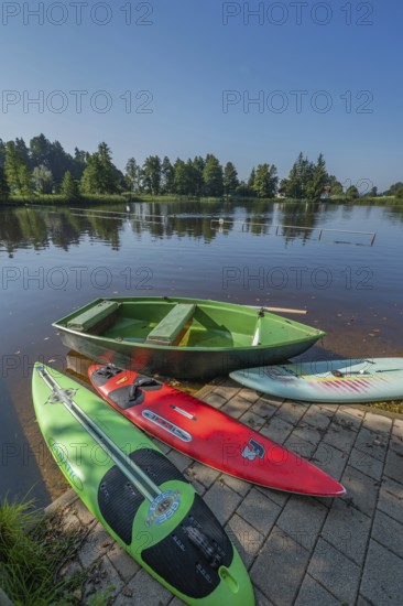 Surfboards and rowing boat in the ArgenbÃ¼hl moor pool near Eisenharz, Baden-WÃ¼rttemberg, Germany