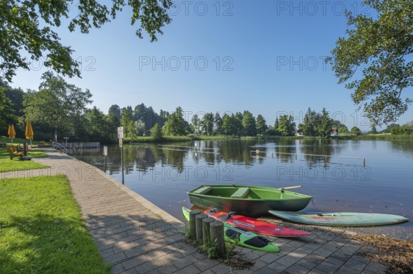 Surfboards and rowing boat in the Argenbühl moor pool near Eisenharz, Baden-Württemberg, Germany
