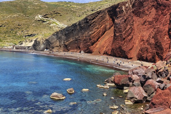 The red beach, Kokkini Paralia, red cliffs, steep coast near Akrotiri, Santorini, Cyclades, Greece