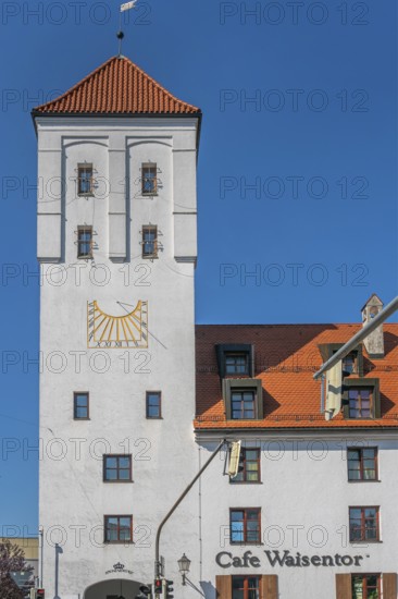 The Waisentor with tiled roof and sundial, Kempten, Allgäu, Bavaria, Germany