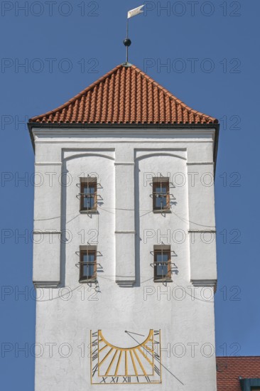 The Waisentor with tiled roof and sundial, Kempten, Allgäu, Bavaria, Germany