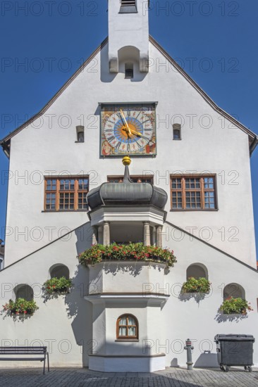 West façade with clock and floral decoration, town hall, Kempten, Allgäu, Bavaria, Germany