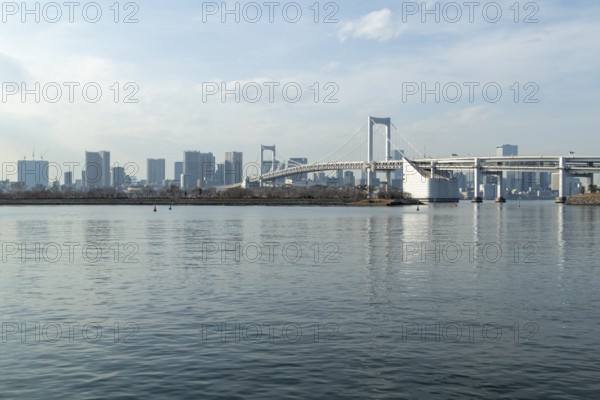 Landmark, Architecture, View of the Rainbow Brigde over Tokyo Bay, Odaiba, Minato City, Tokyo, Japan