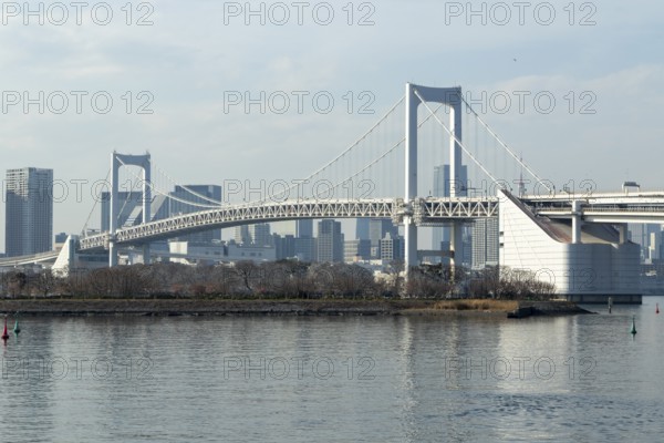 Landmark, Architecture, View of the Rainbow Brigde over Tokyo Bay, Odaiba, Minato City, Tokyo, Japan