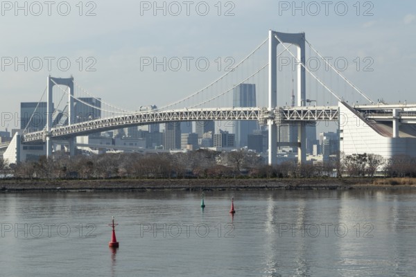 Landmark, Architecture, View of the Rainbow Brigde over Tokyo Bay, Odaiba, Minato City, Tokyo, Japan