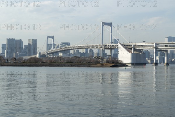 Landmark, Architecture, View of the Rainbow Brigde over Tokyo Bay, Odaiba, Minato City, Tokyo, Japan