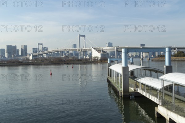 Landmark, Architecture, View of the Rainbow Brigde over Tokyo Bay, Odaiba, Minato City, Tokyo, Japan